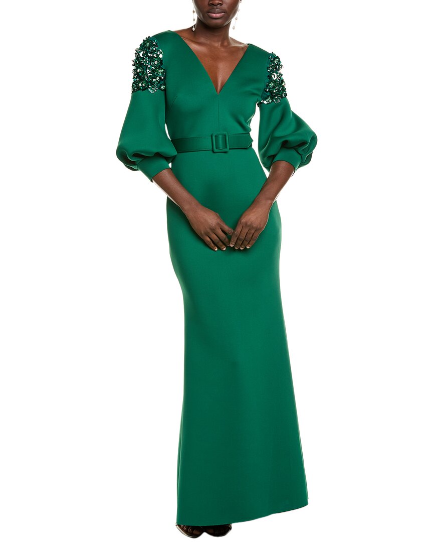 Badgley Mischka Embellished Balloon Sleeve Scuba Gown