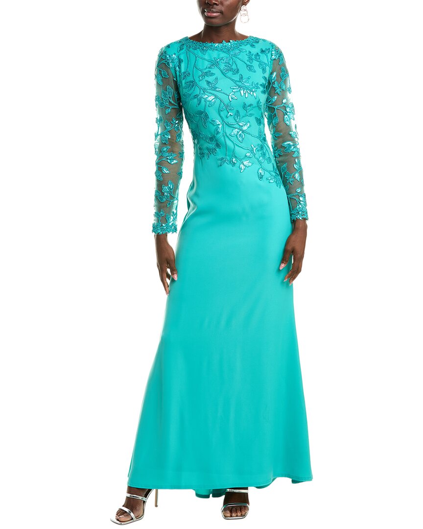 Tadashi Shoji Sequin Lace Long Sleeve Crepe Gown In Green