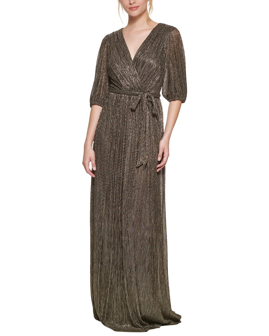Eliza J Metallic Puff Sleeve Faux Wrap Maxi Dress