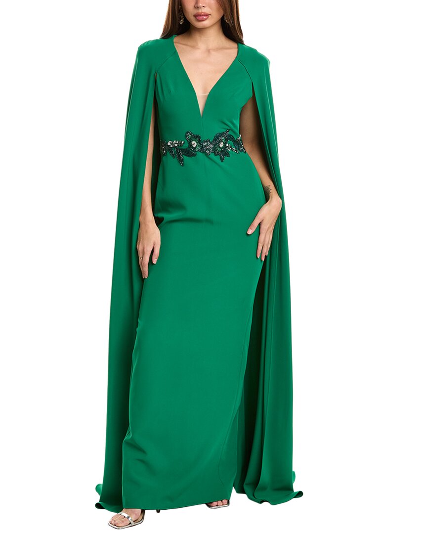 Marchesa Notte Cape-effect Embellished Crepe Gown