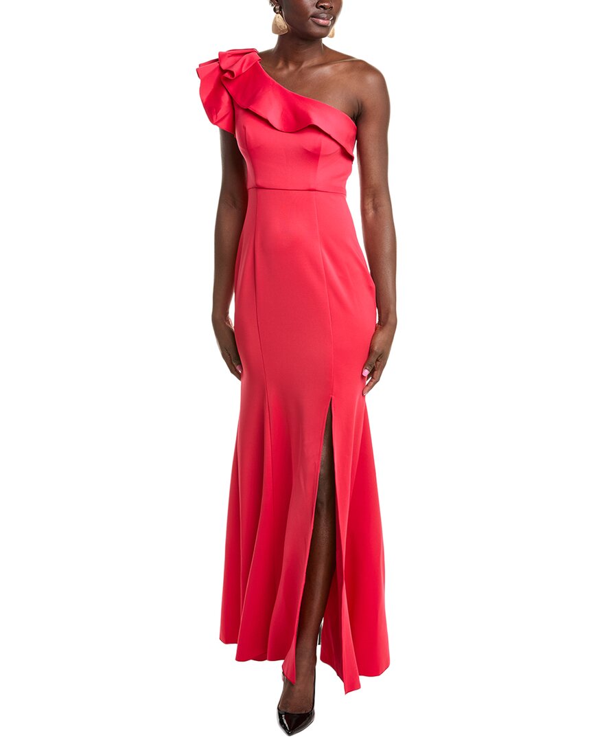Rene Ruiz One-shoulder Ruffle Neckline Scuba Gown In Red