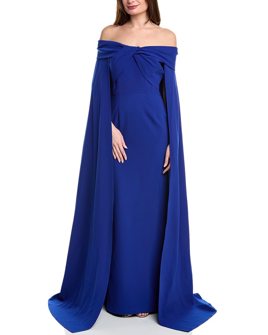 Teri Jon By Rickie Freeman Off-the-shoulder Cape Gown In Blue