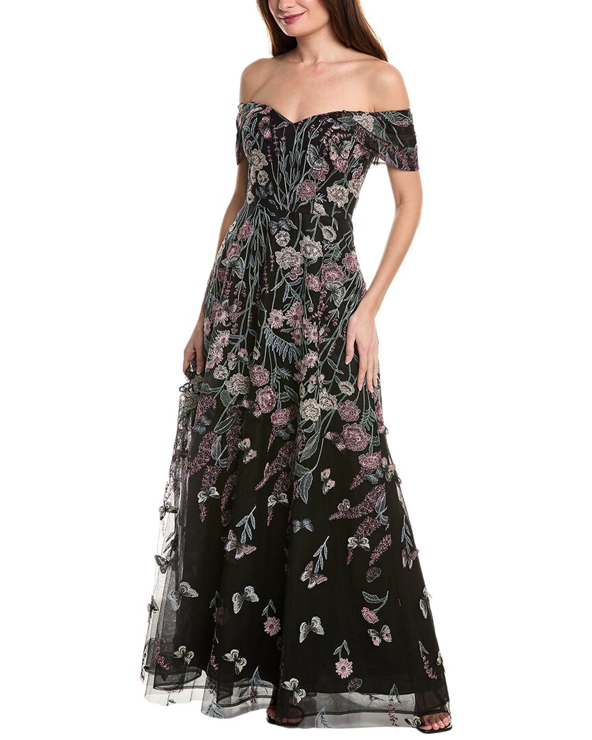 Teri Jon By Rickie Freeman Floral Embroidered Tulle Gown In Black