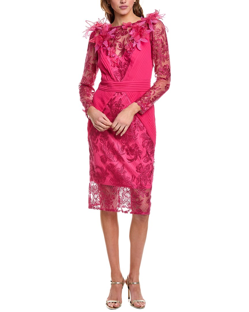 Tadashi Shoji Pleated Floral-embroidered Illusion Midi Dress In Pink