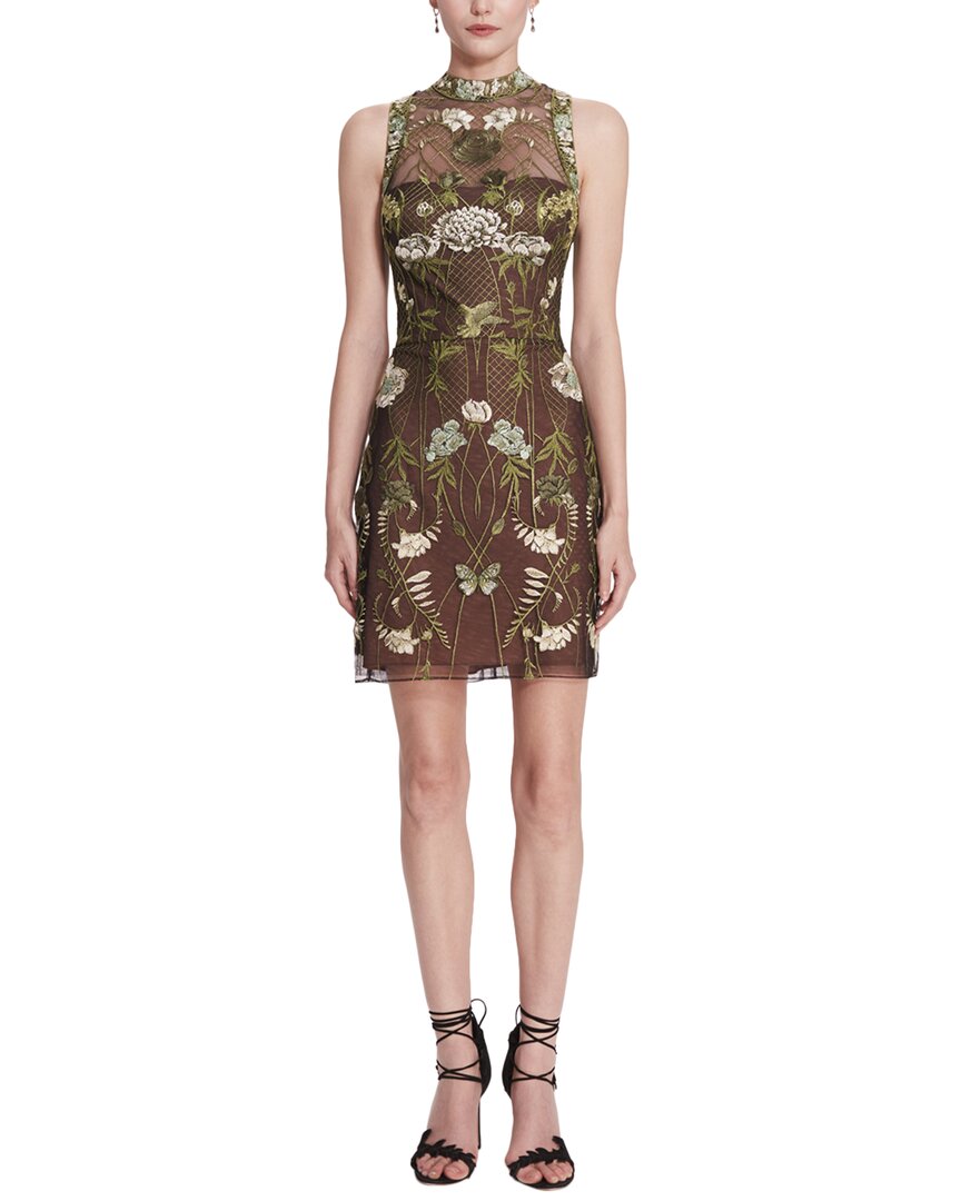Marchesa Notte Floral-embroidered Tulle Mini Dress In Green