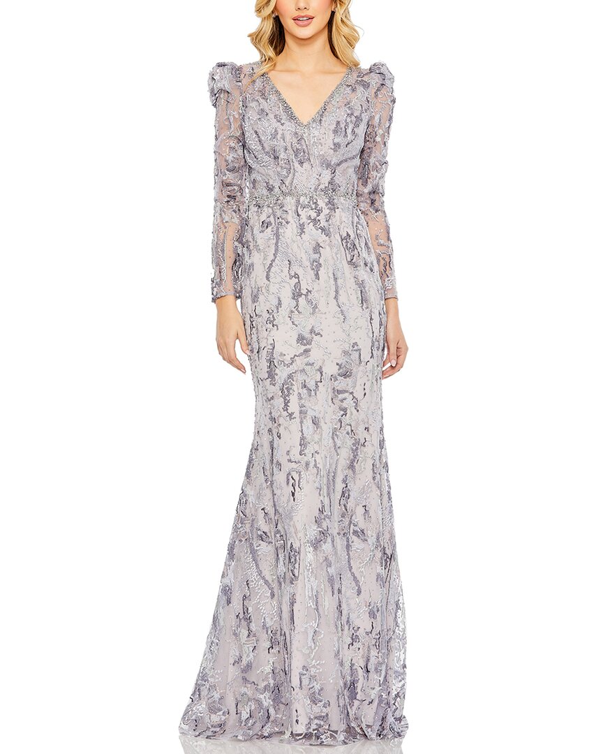 Mac Duggal V-neck Embellished Puff Sleeve Gown In Purple