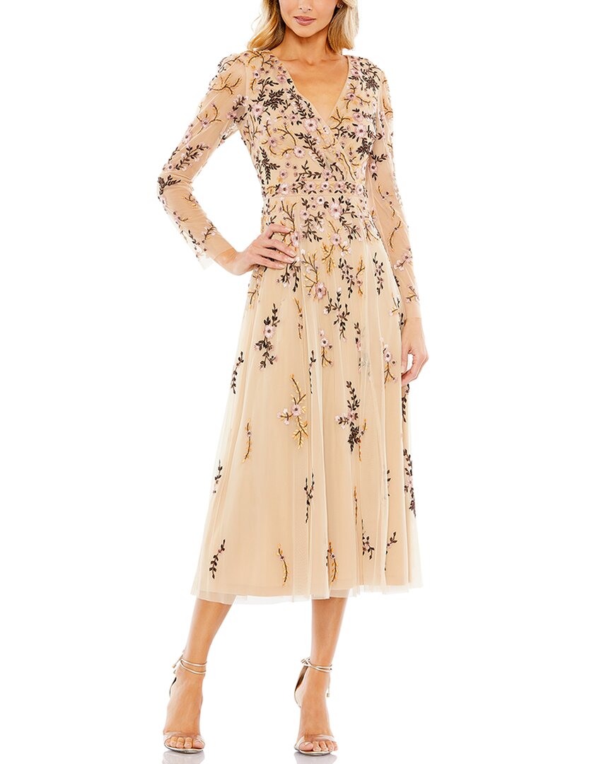 Mac Duggal Embroidered Wrap Over Illusion Sleeve Midi Dress In Brown
