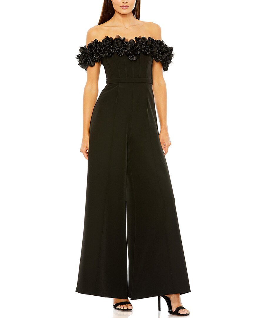 Mac Duggal Floral Bustier Off The Shoulder Wide Leg Jumpsuit In Black