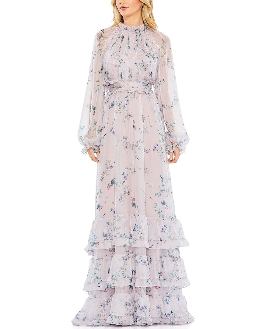 Mac Duggal Floral Print Ruched Raglan Sleeve Tiered Gown In Purple