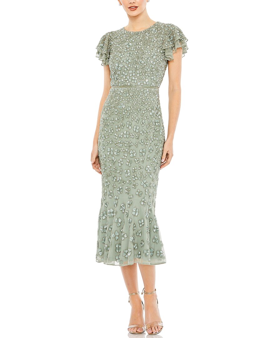 Mac Duggal Beaded Ruffle Sleeve Midi Cocktail Dress In Green