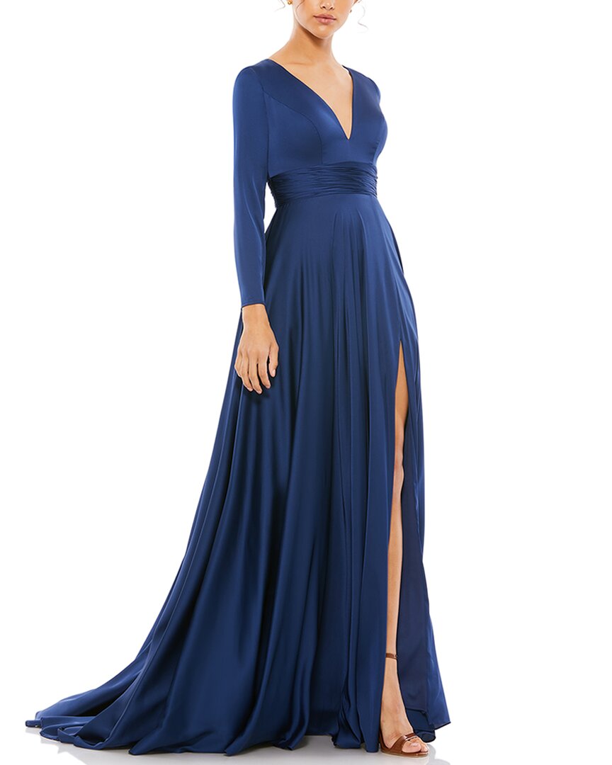 Mac Duggal Long Sleeve Ruched Waist A-line Gown In Blue