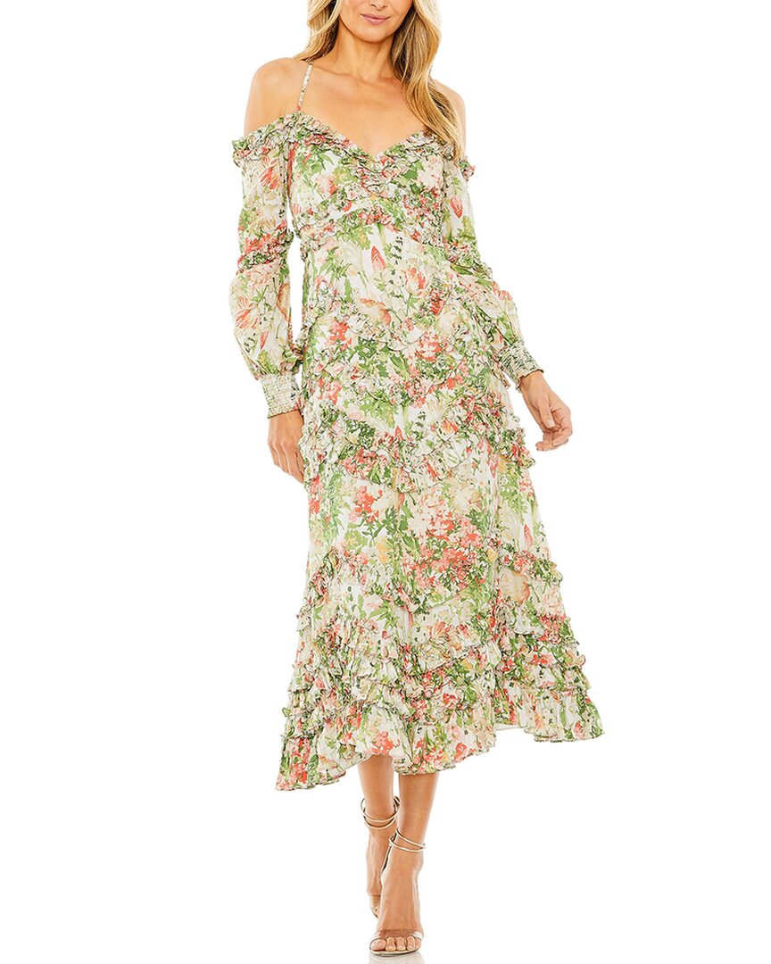 Mac Duggal Floral Print Ruffle Cold Shoulder Long Sleeve Midi Dress In White