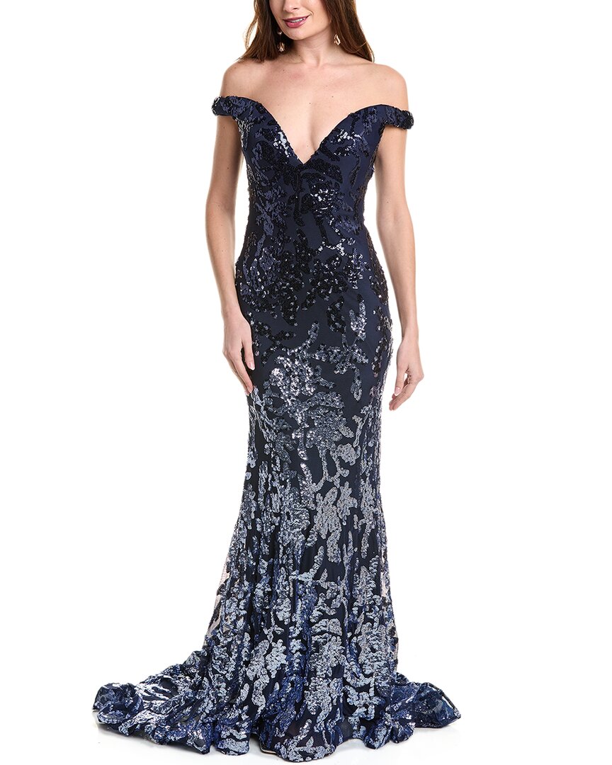 Jovani Off-the-shoulder Sequin Gown In Blue