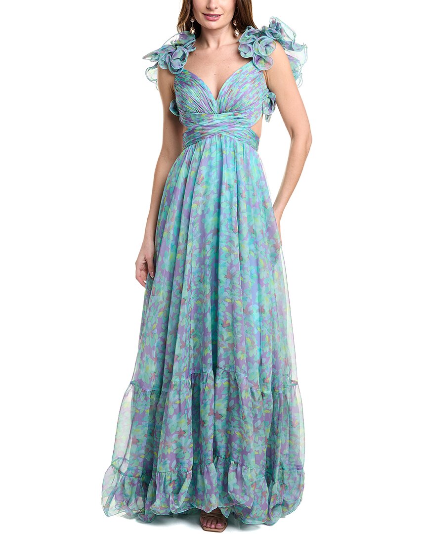 Jovani Ruffle Shoulder Chiffon Gown In Blue