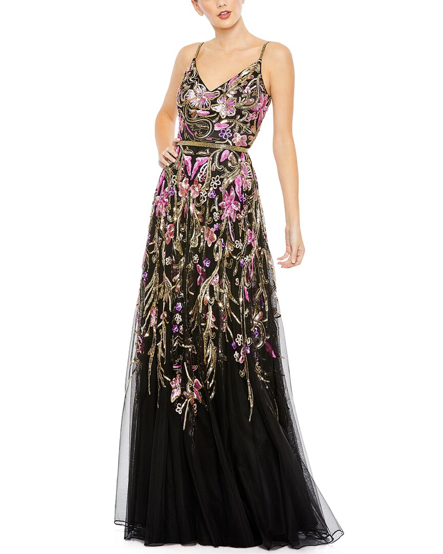 Mac Duggal V Neck Floral Embellished Spaghetti Strap Gown