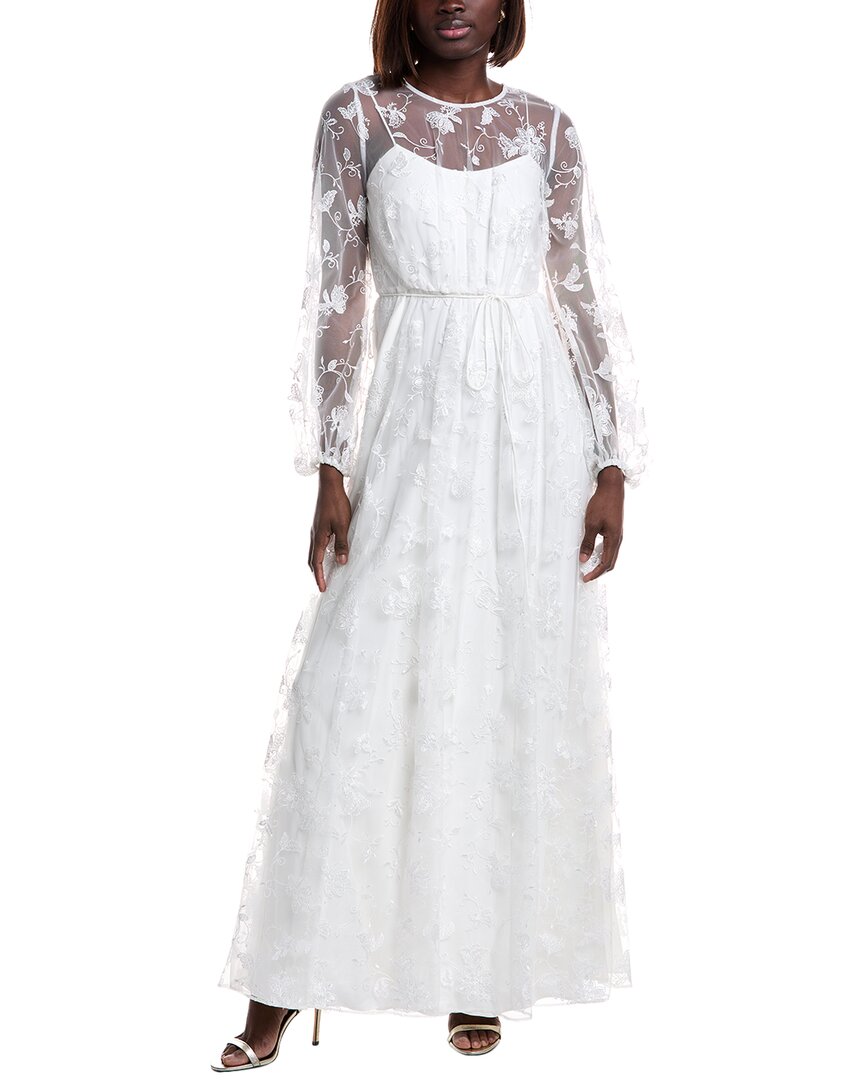 Monique Lhuillier ml  Embroidered Tulle Lace Maxi Dress In White