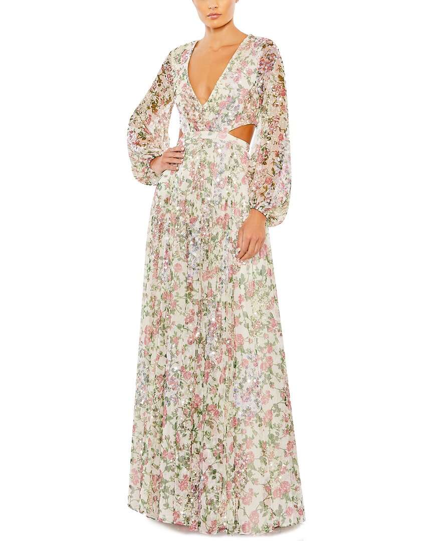 Mac Duggal Floral Sequin Long Sleeve Lace-up Back Mesh Gown