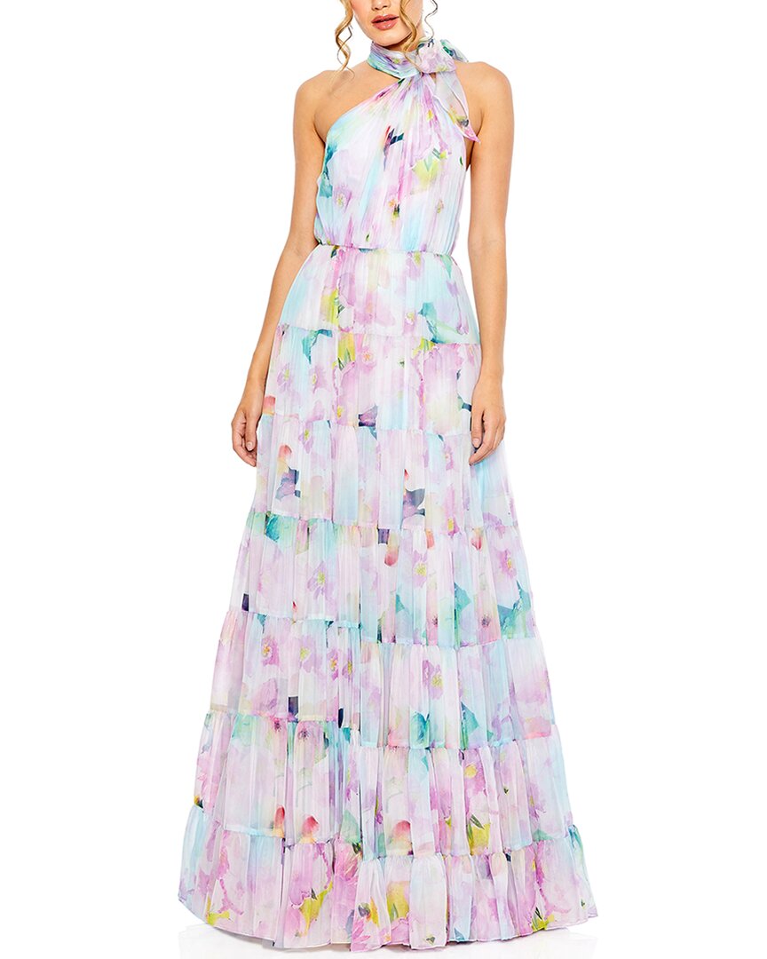 Mac Duggal Floral Asymmetric Halter Neck Tiered Gown