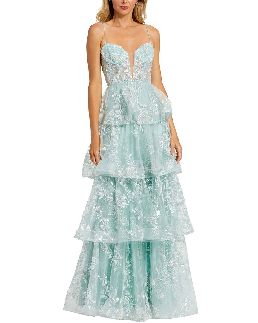 Mac Duggal Spaghetti Strap Applique Tiered Ruffle Gown