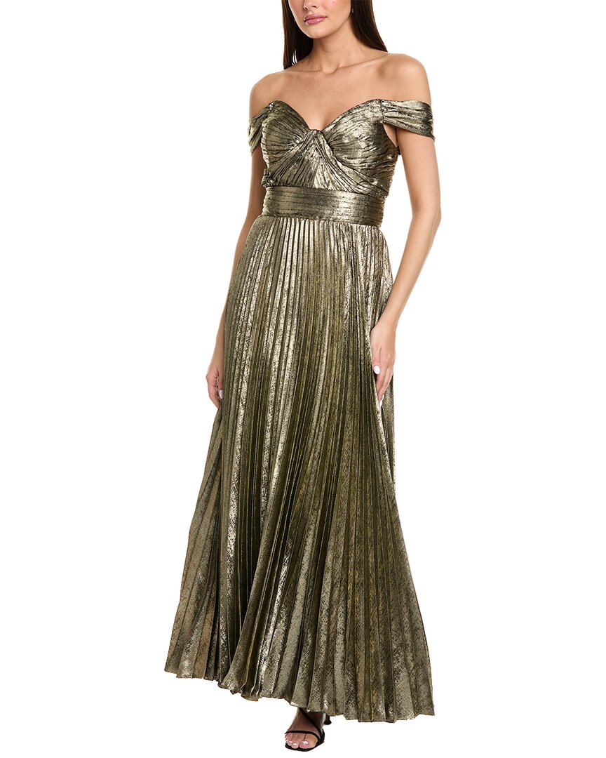 Tahari Asl Metallic Off The Shoulder Pleated Gown