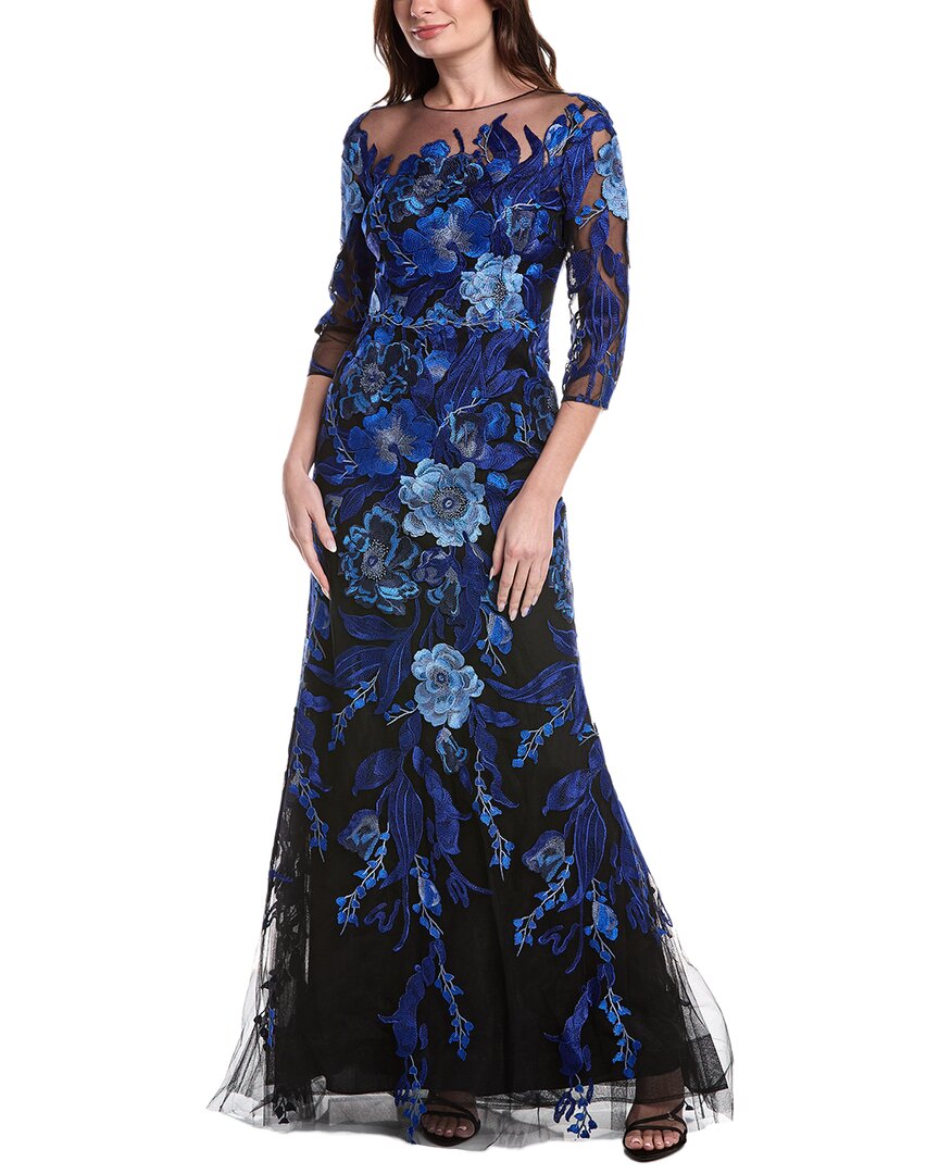 Teri Jon By Rickie Freeman Embroidered Tulle Floral 3/4 Sleeve Gown In Blue
