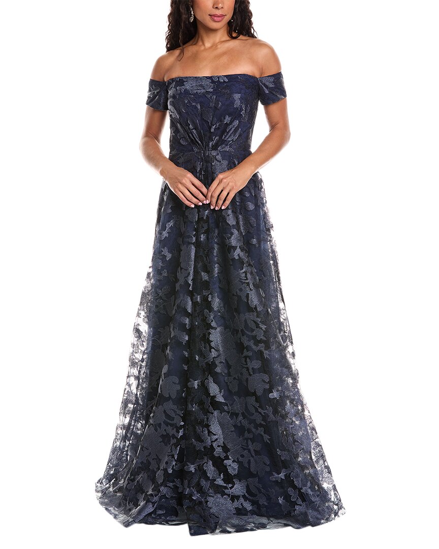 Rene Ruiz Off-the-shoulder Draped A-line Gown In Blue