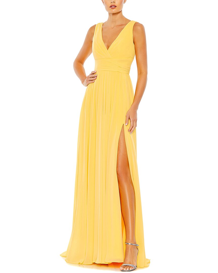 Mac Duggal Chiffon Sleeveless Wrap Over A Line Gown In Yellow