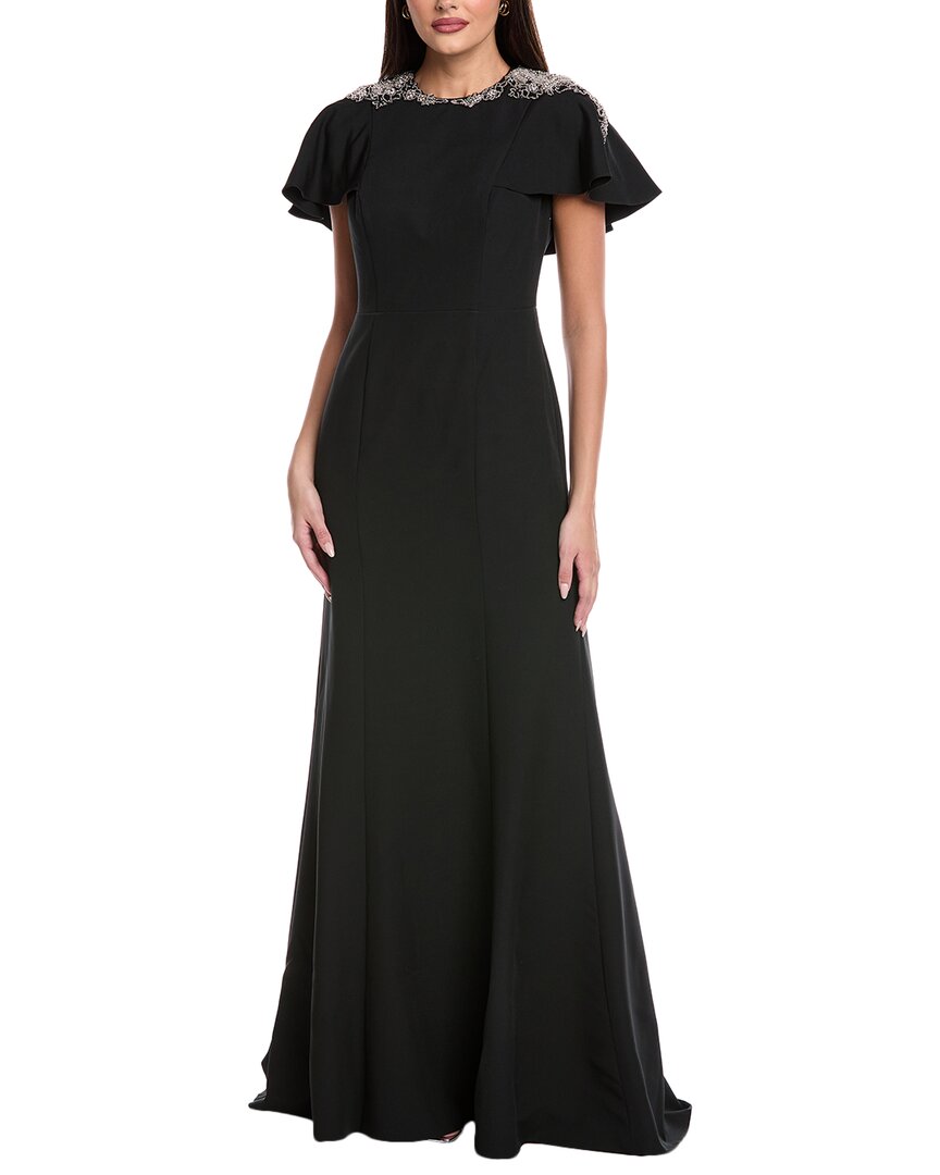 Rene Ruiz Capelet Sleeve Column Gown In Black