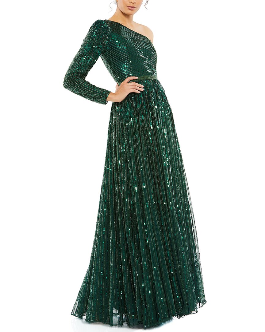 Mac Duggal Sequined One Shoulder A-line Gown In Green