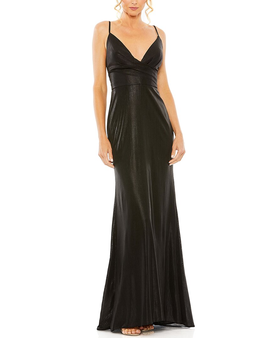 Mac Duggal Metallic Faux Wrap Spaghetti Strap Gown In Brown