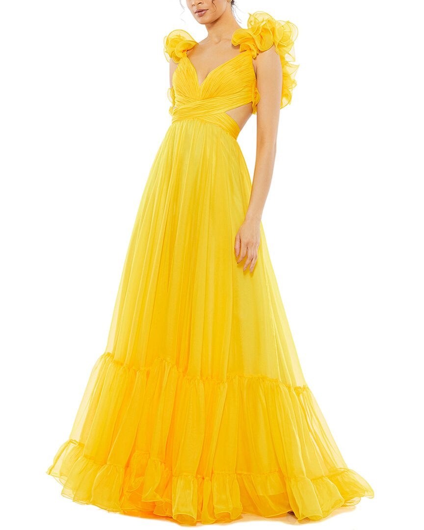 Mac Duggal Rosette Chiffon Cutout Empire Waist Gown In Yellow
