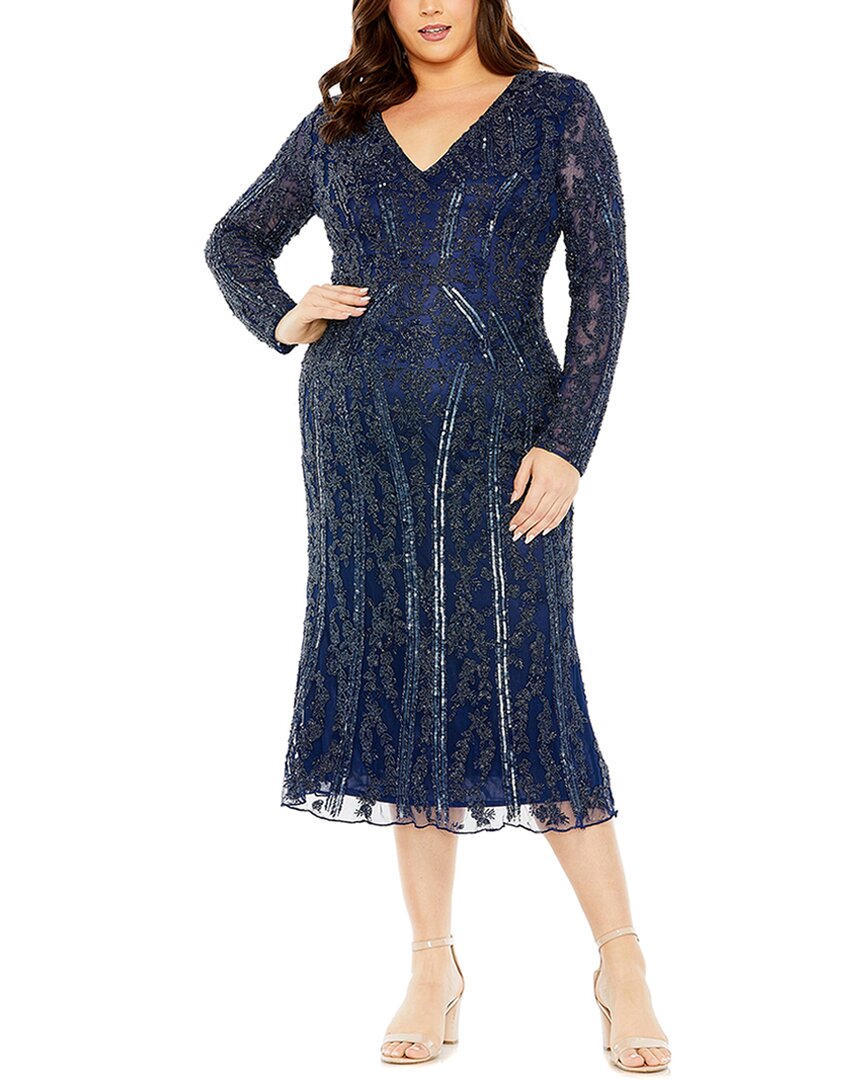 Mac Duggal V-neck Sheer Embellished Mesh Gown In Blue