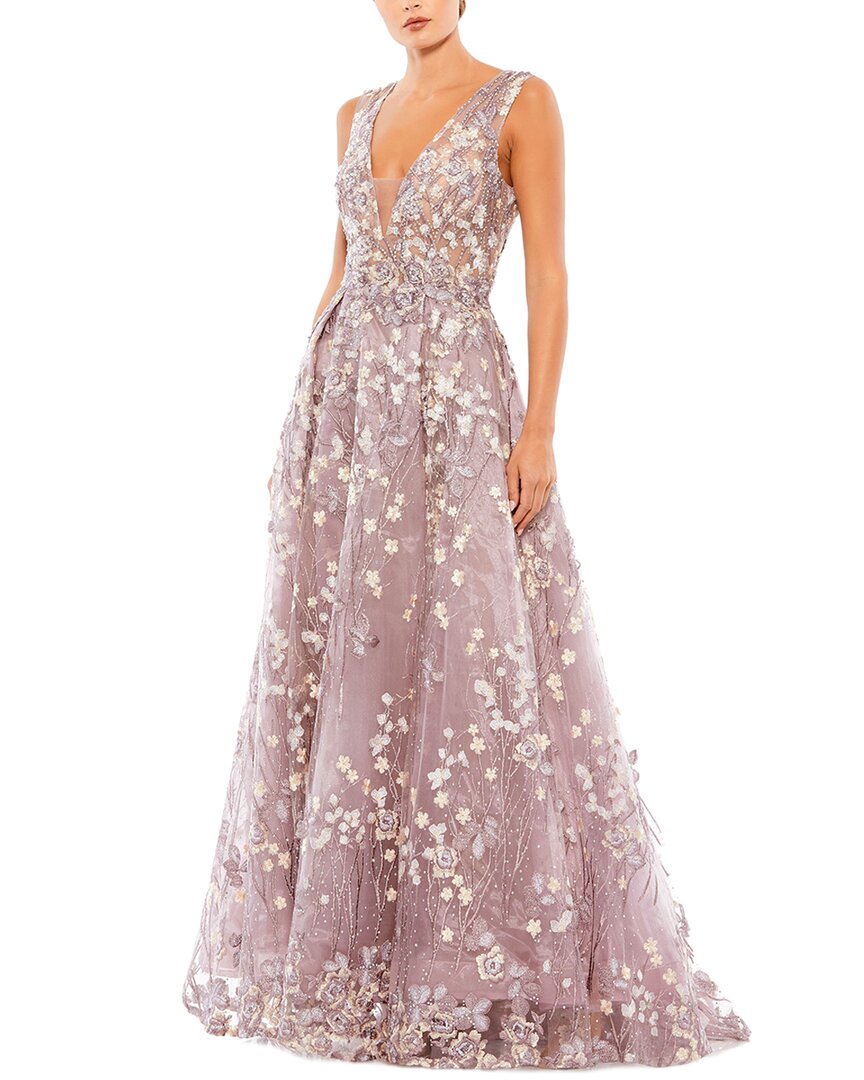 Mac Duggal Floral Embroidered Illusion V-neck Gown