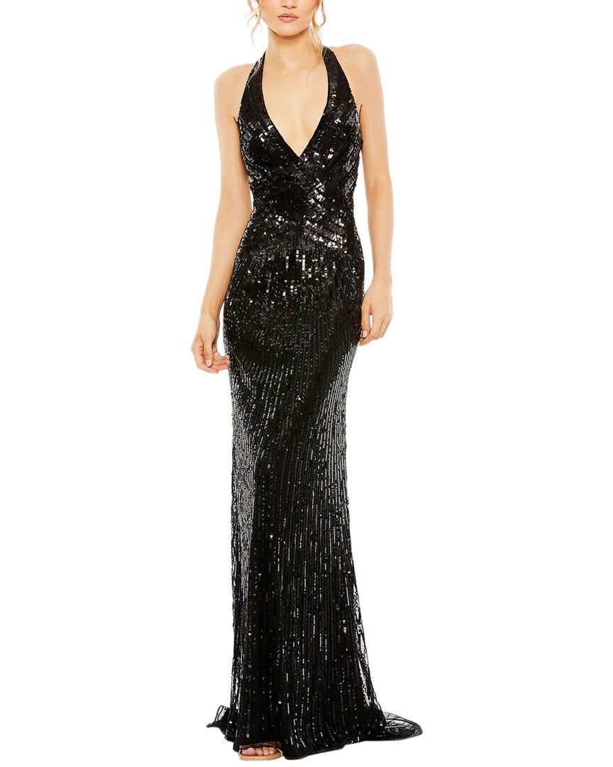 Mac Duggal Sleeveless Faux Wrap Sequin Embelished Cut Out Bac In Black