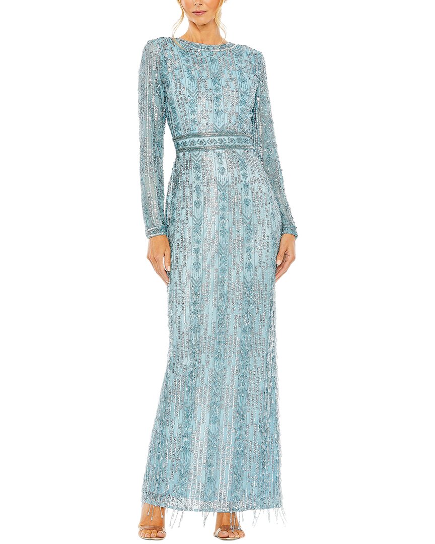 Mac Duggal High Neck Crystal Fringe Column Dress In Blue
