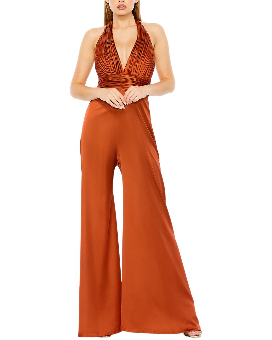Mac Duggal Ruched Halter Top Wide Leg Satin Jumpsu