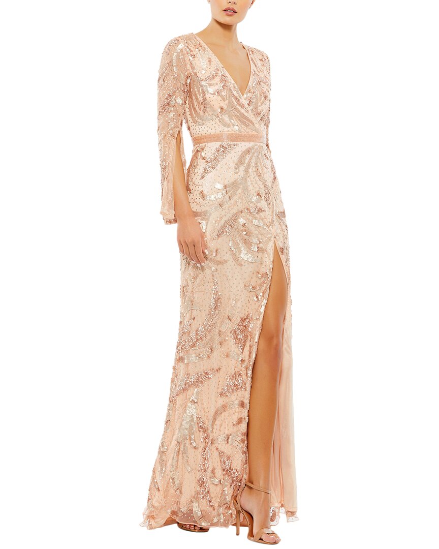 Mac Duggal Sequined Faux Wrap Split Long Sleeve Gown