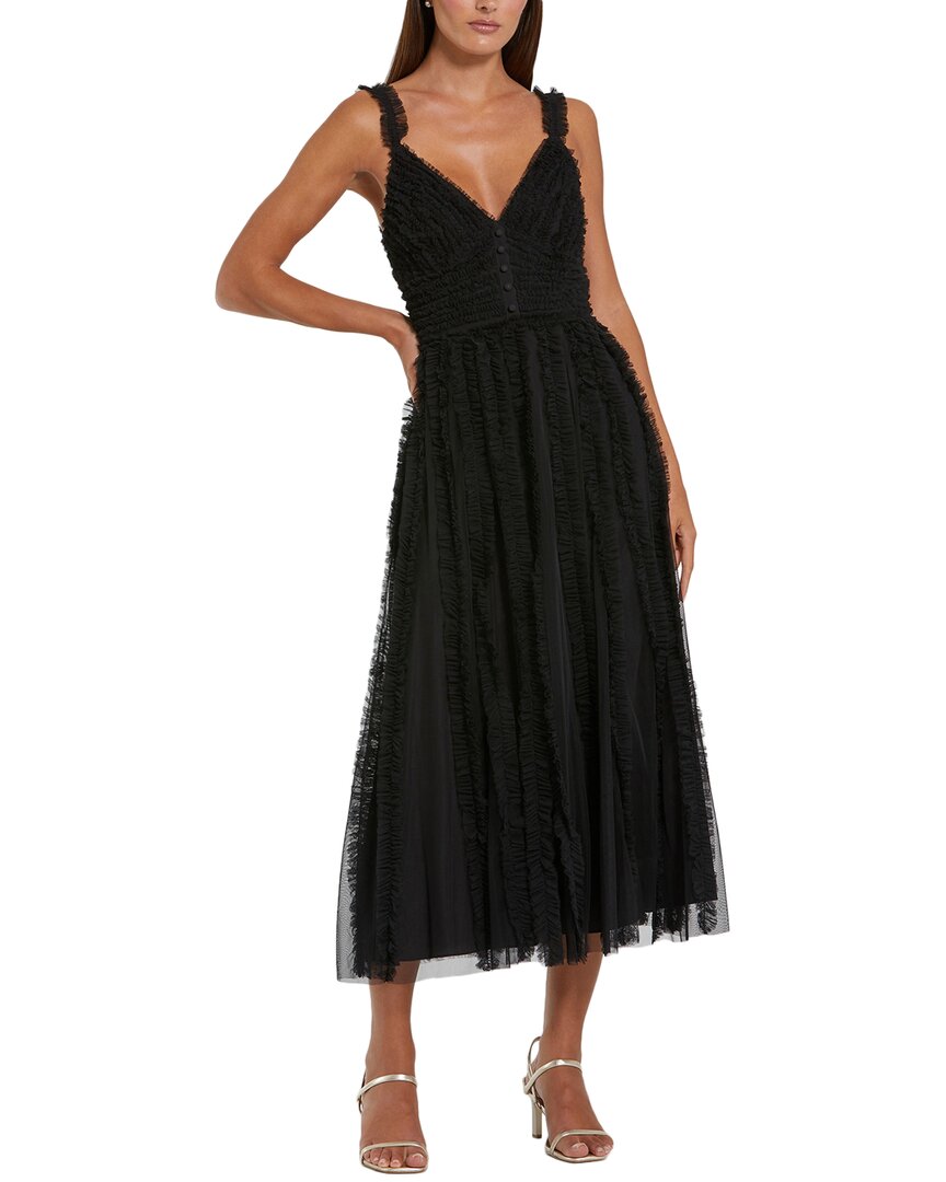 Mac Duggal Tulle V-neck Dress With Cascading Ruffles And Sleek Silhouette In Black