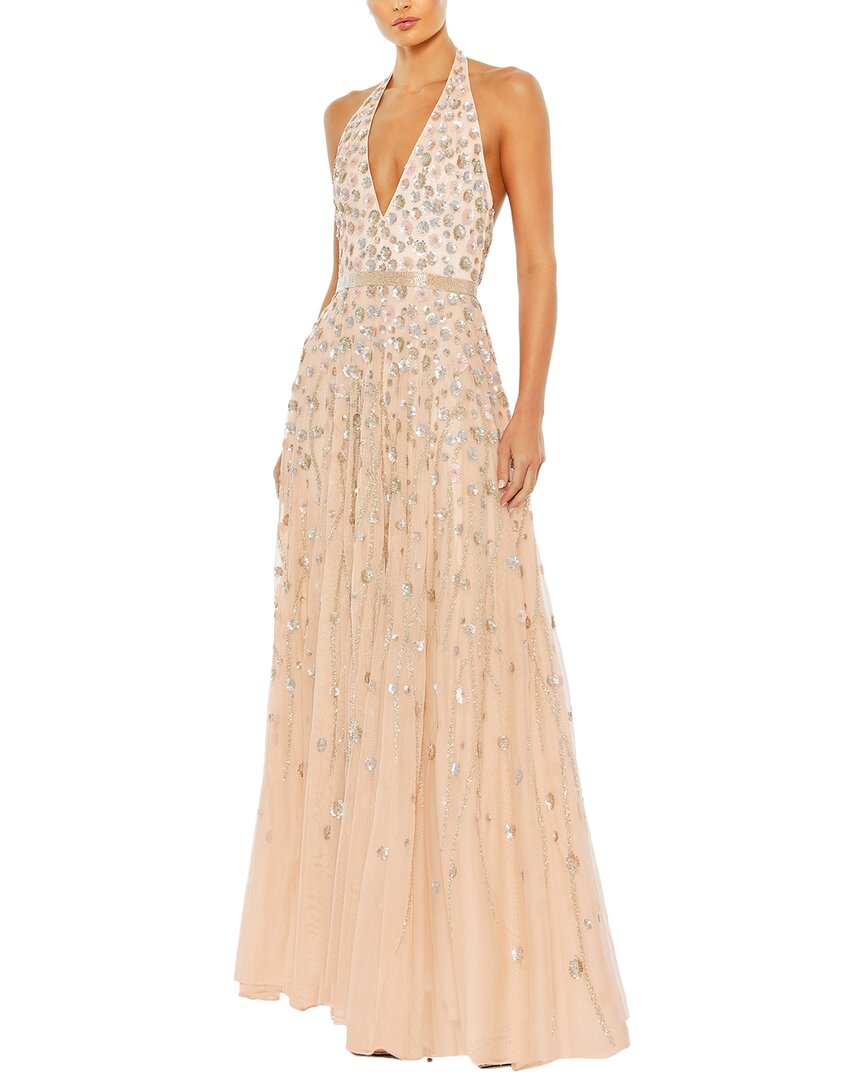 Mac Duggal Floral Sequin Plunge Neck A-line Gown