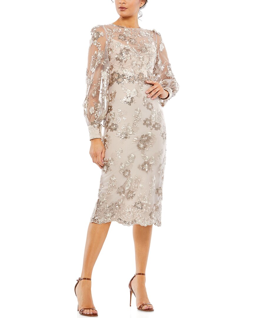 Mac Duggal Embellished High Neck Illusion Long Sleeve Midi Dress In Mocha