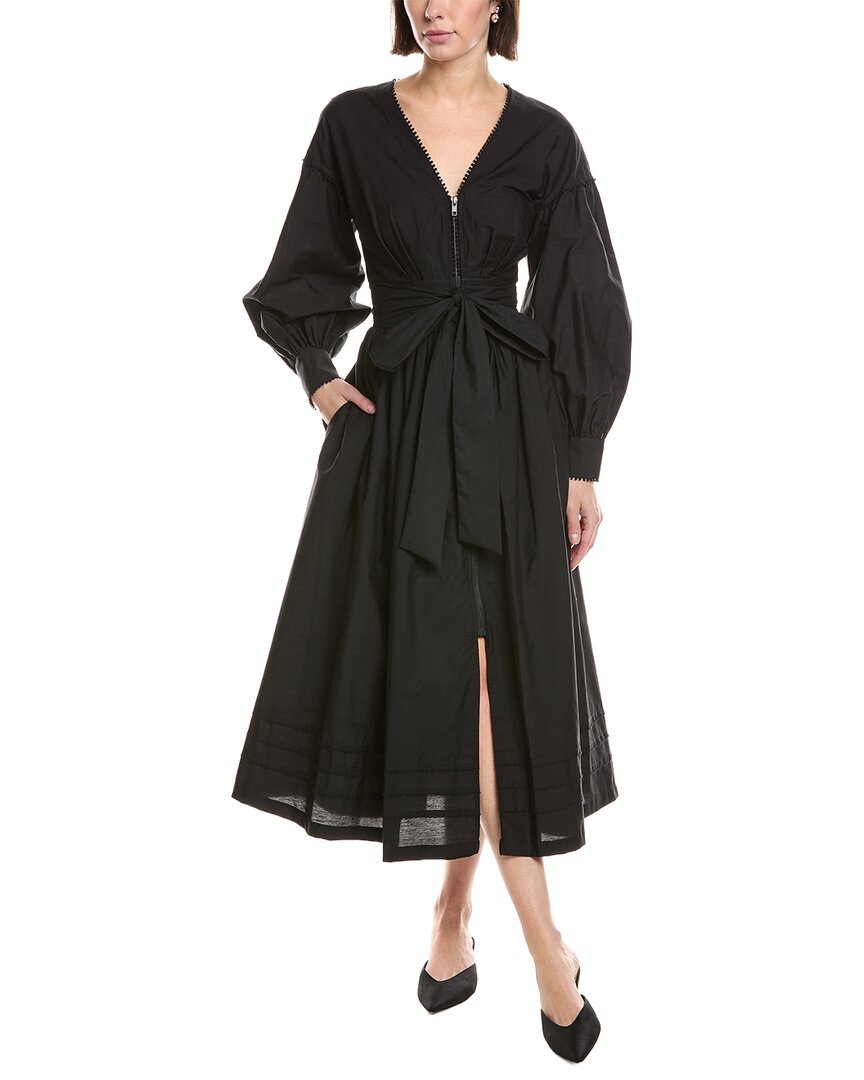 Marchesa Notte Poplin V-neck Midi Dress In Black