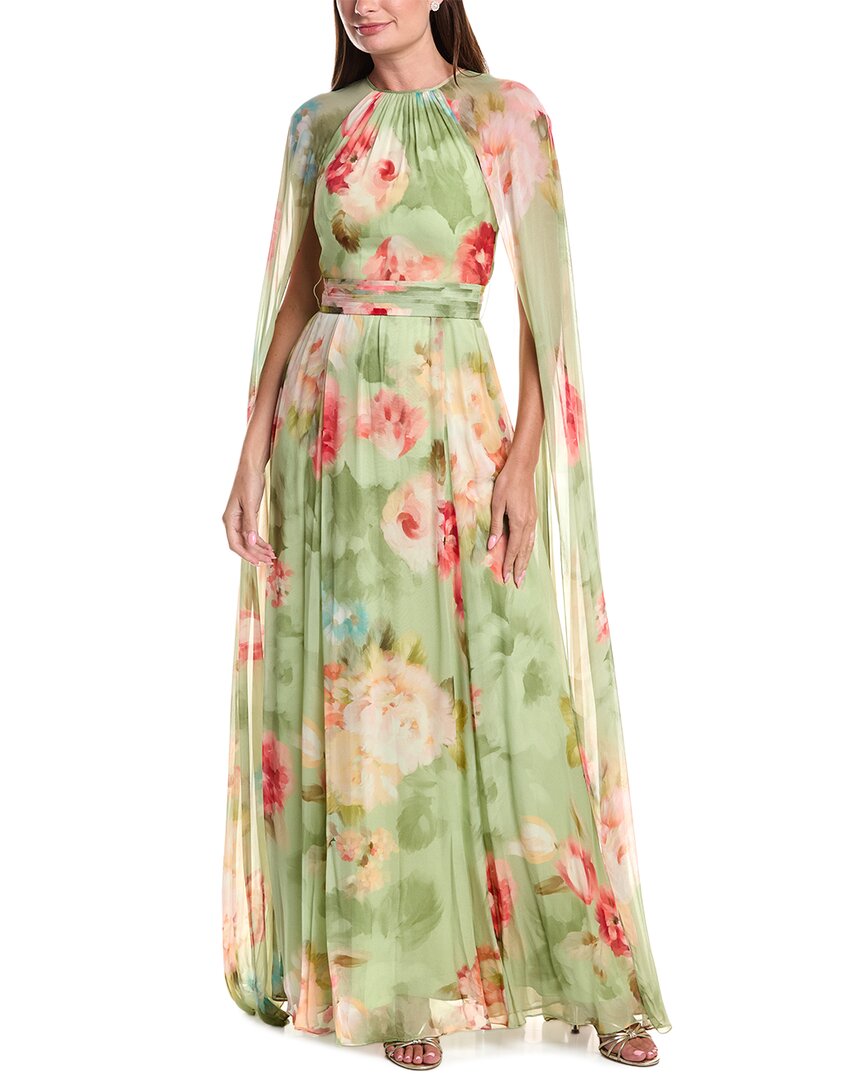 Teri Jon By Rickie Freeman Chiffon Floral Cape Gown In Green