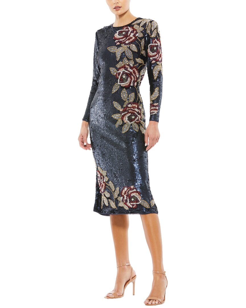 Mac Duggal Sequined Asymmetrical Floral Long Sleeve Midi Dress In Blue