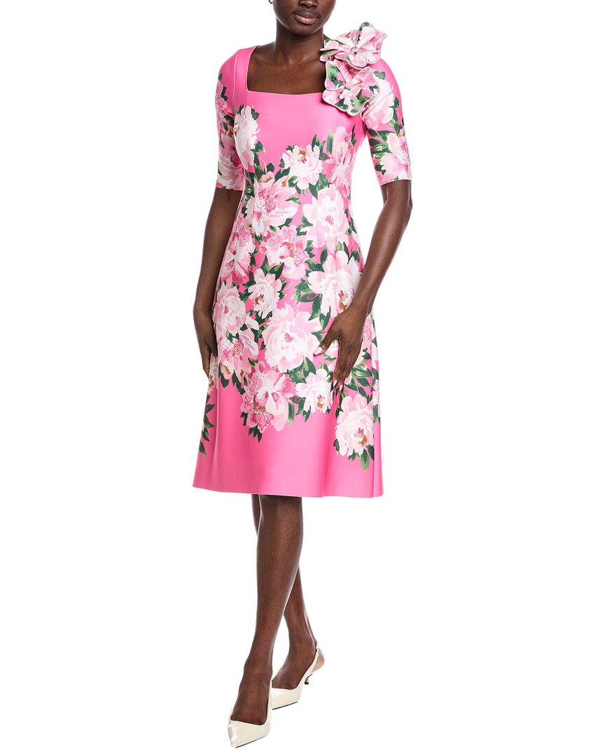 Teri Jon By Rickie Freeman Scuba 3d Flower Midi Dress In Pink