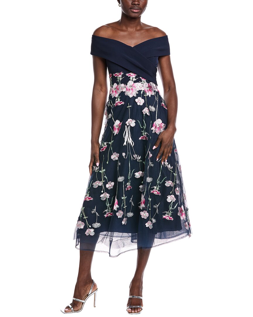 Teri Jon By Rickie Freeman Crepe Off-shoulder Gown In Blue