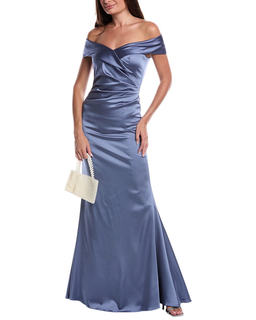 Teri Jon By Rickie Freeman Off-shoulder Drape Gown In Blue