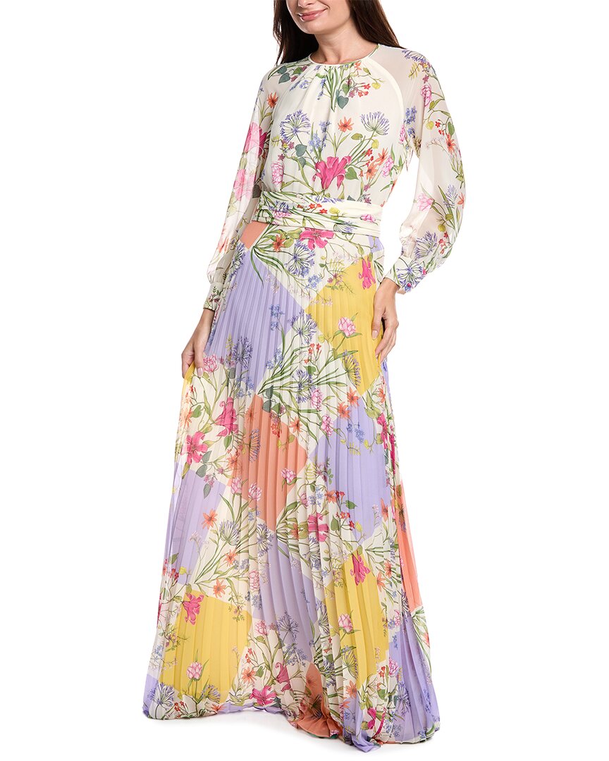 Teri Jon By Rickie Freeman Chiffon Patchwork Floral Gown In White