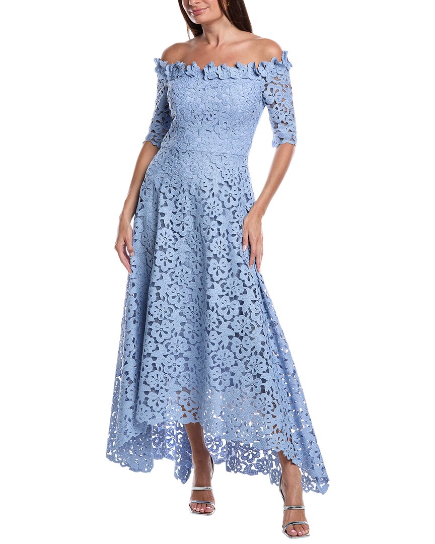 Teri Jon By Rickie Freeman Lace Off-shoulder Gown In Blue