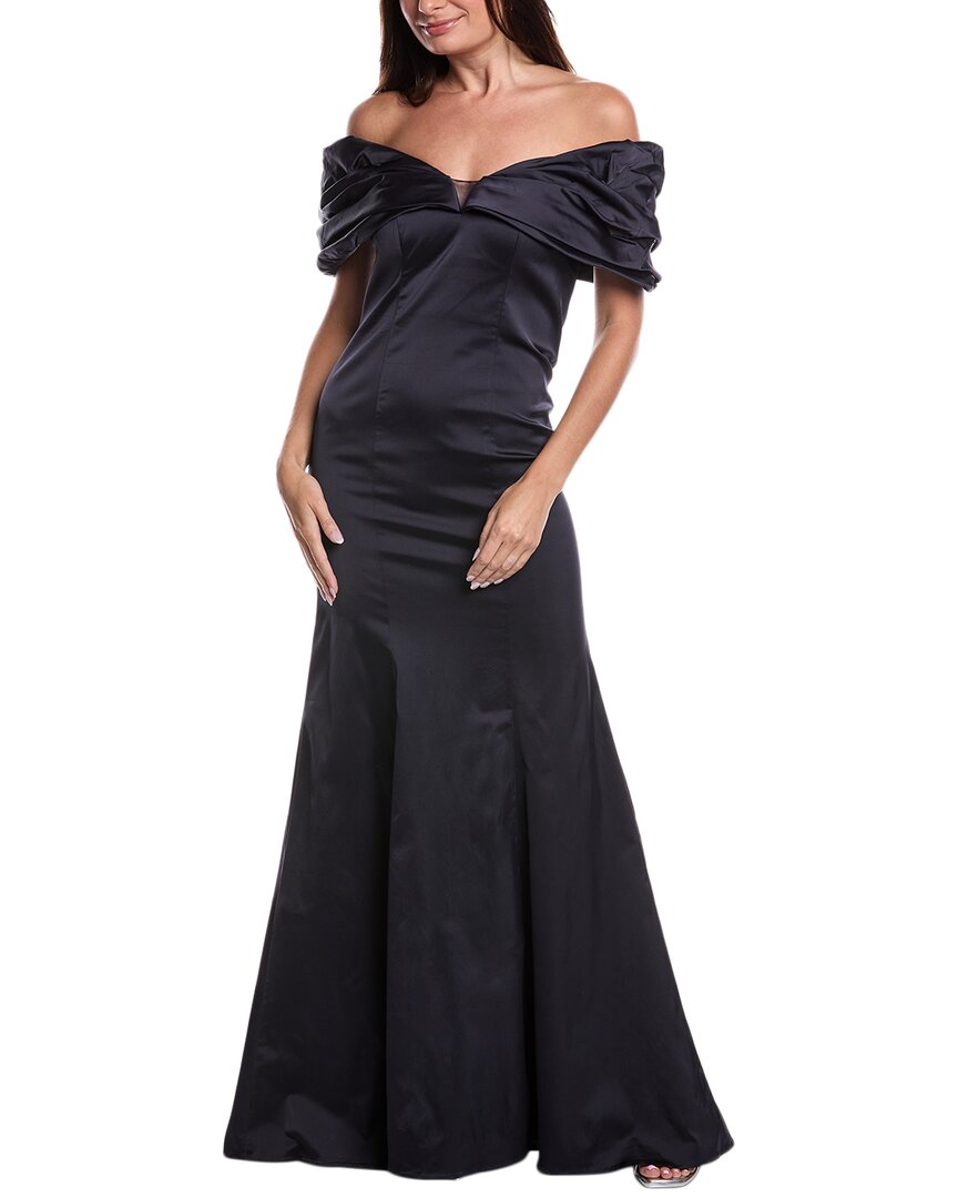 Teri Jon By Rickie Freeman Stretch Satin Off-shoulder Gown In Black