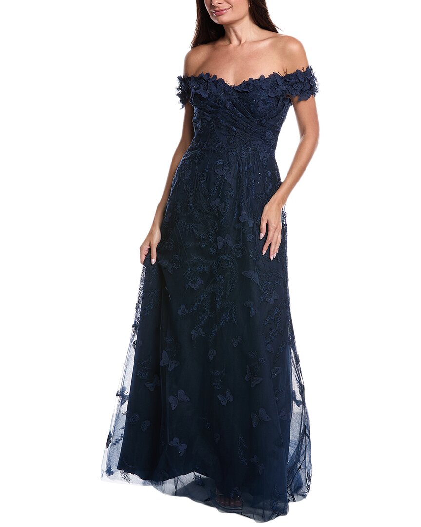 Teri Jon By Rickie Freeman Butterfly Applique Gown In Blue